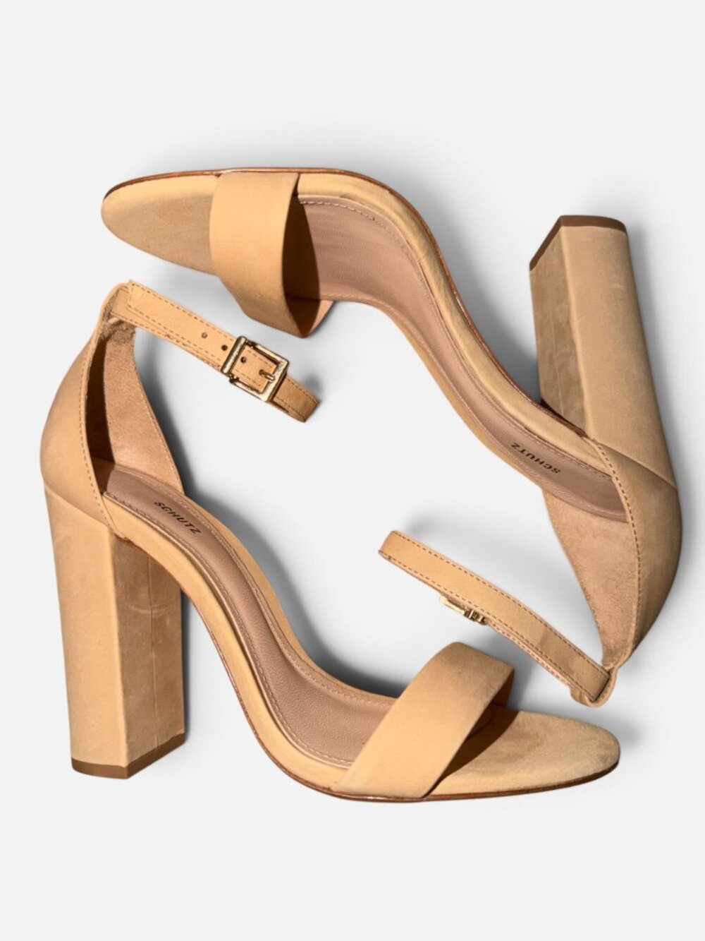 SCHUTZ Enida Heeled Sandal Womens 7.5 B Nude Nubuck Block Heel Neutral Lightwood - Picture 6 of 11